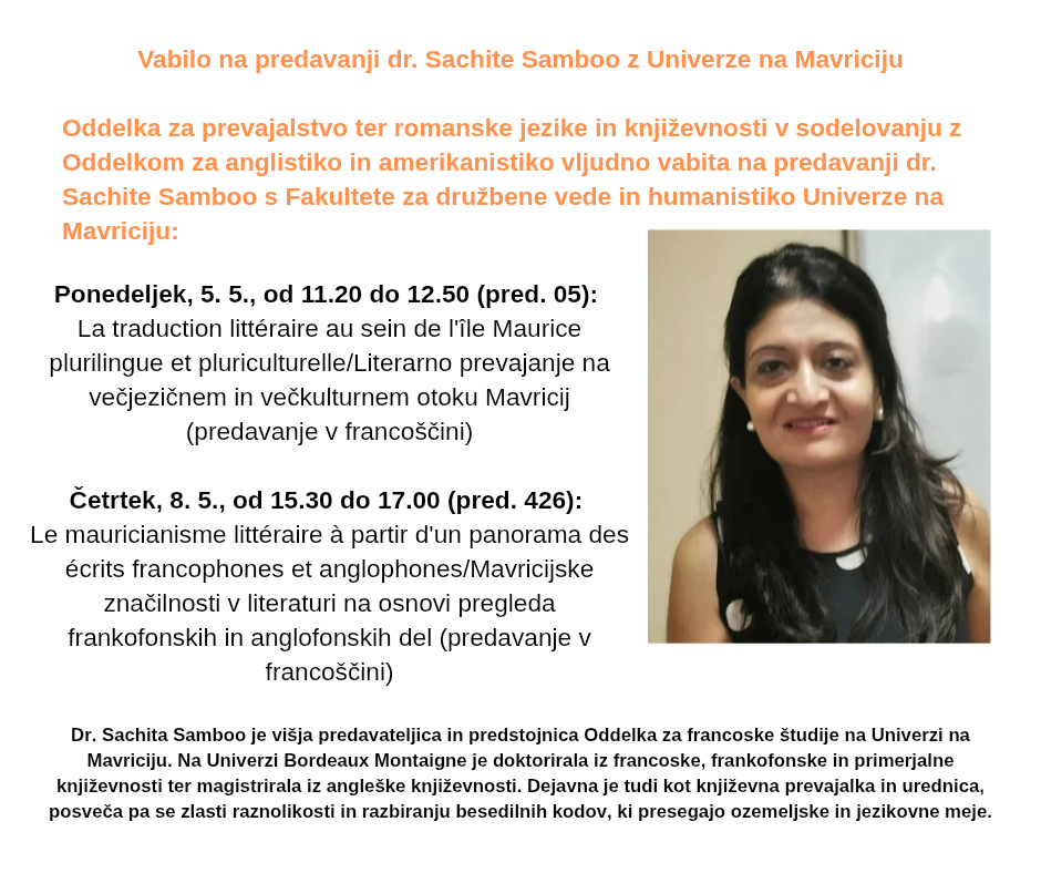 Vabilo na predavanji dr. Sachite Samboo z Univerze na Mavriciju